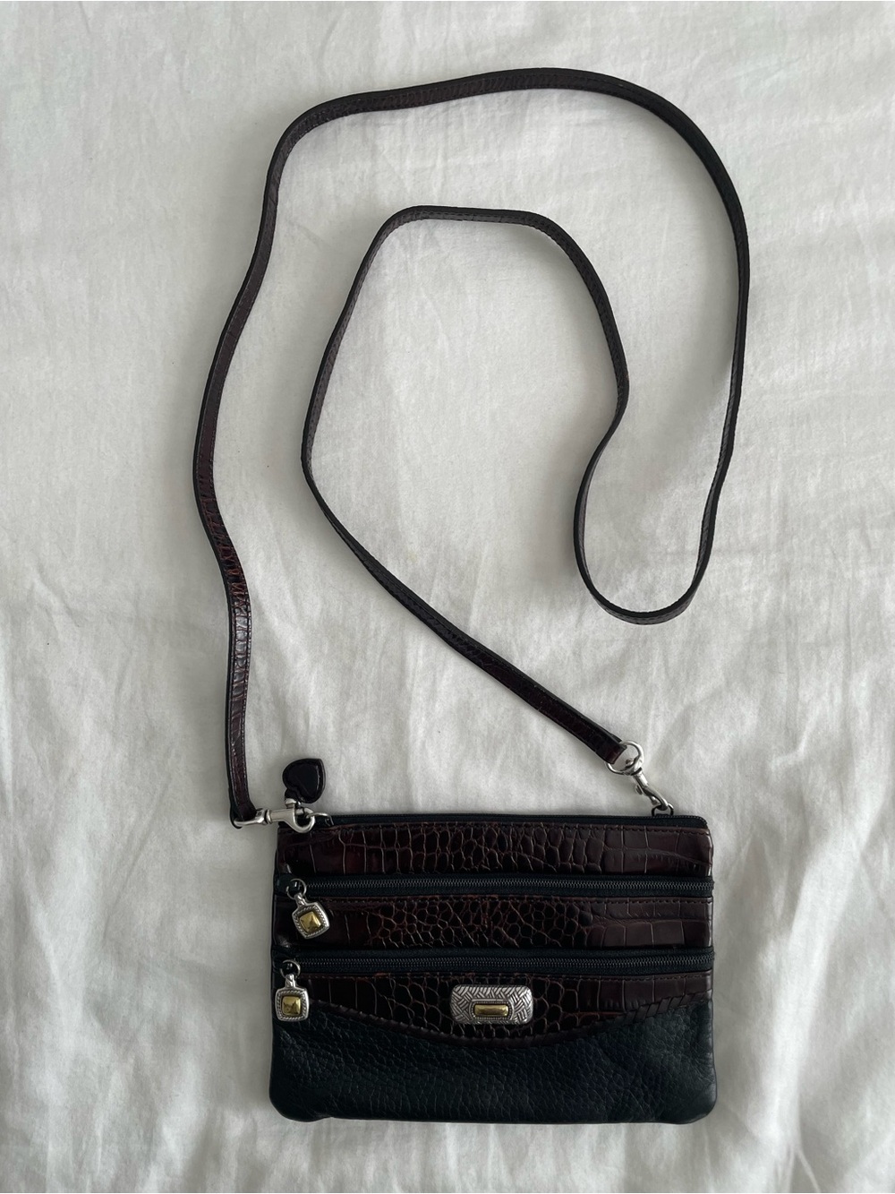 Brighton Dark Brown Croc-Embossed & Black Leather Crossbody